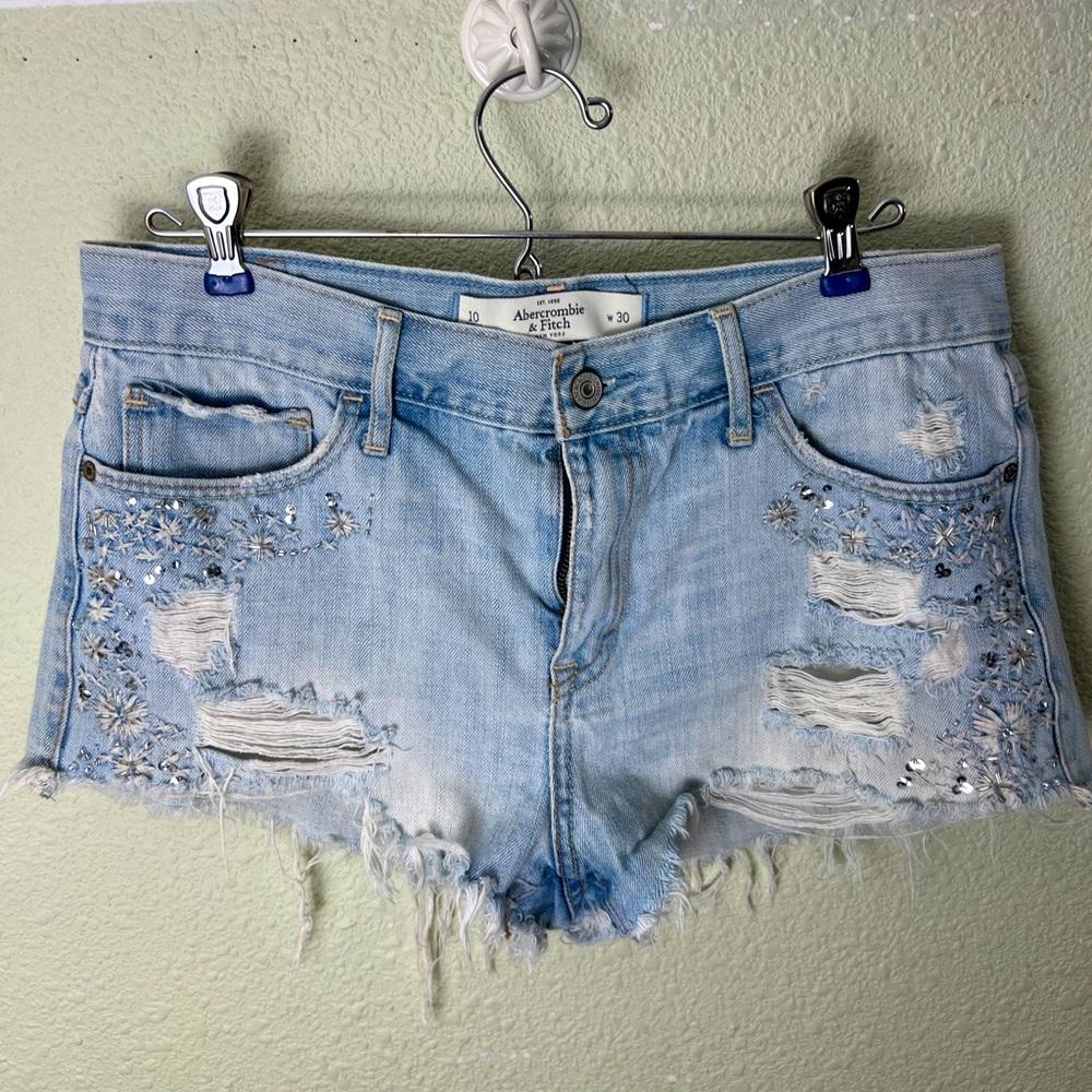 Abercrombie & Fitch Light Wash Blue Distressed Denim Shorts